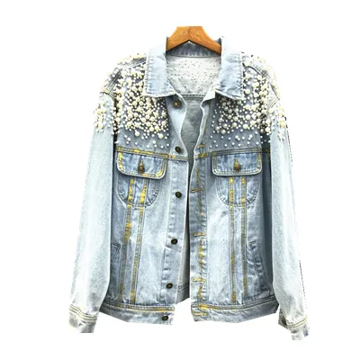 Automne Jean Perle Femelle En Denim Lourd Manteau Printemps Tenues Rue Haute Lâche Femmes Lavage Nouvelles Blousons De Bleu Cowboy Étudiants ZnvZX7p