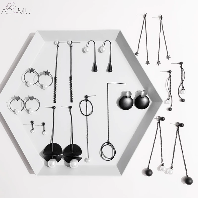 

AOMU Simple Black Geometry Metal Line Round Circle Heart Star Pearl Asymmetric Long Drop Earrings for Women Ear Jewelry Gift
