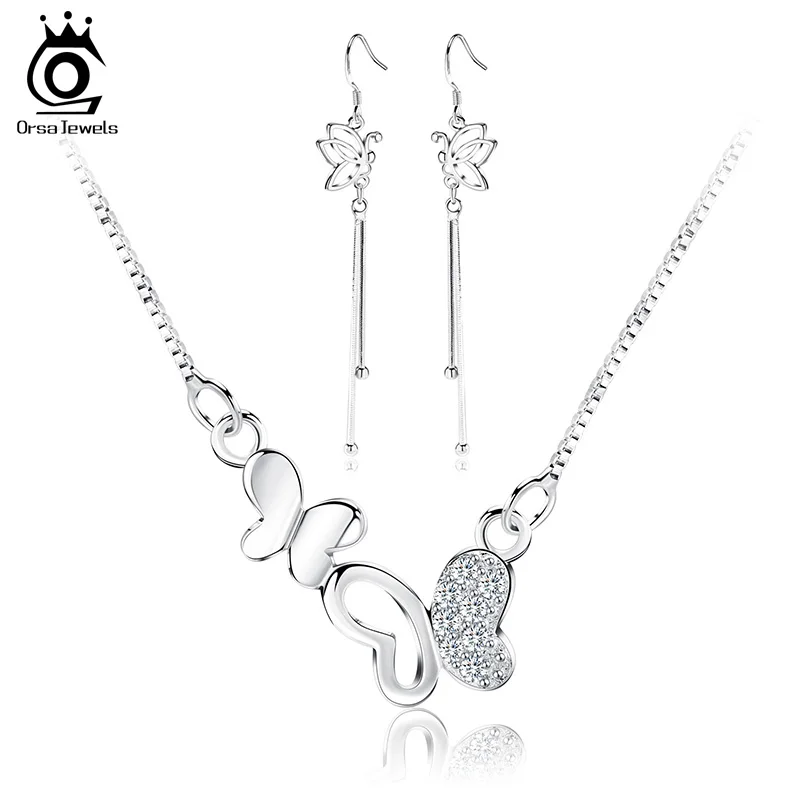 

ORSA JEWELS Butterfly Jewelry Set with AAA Austrian Cubic Zirconia ,Silver Color Necklace and Earring Set Wholesale OS34