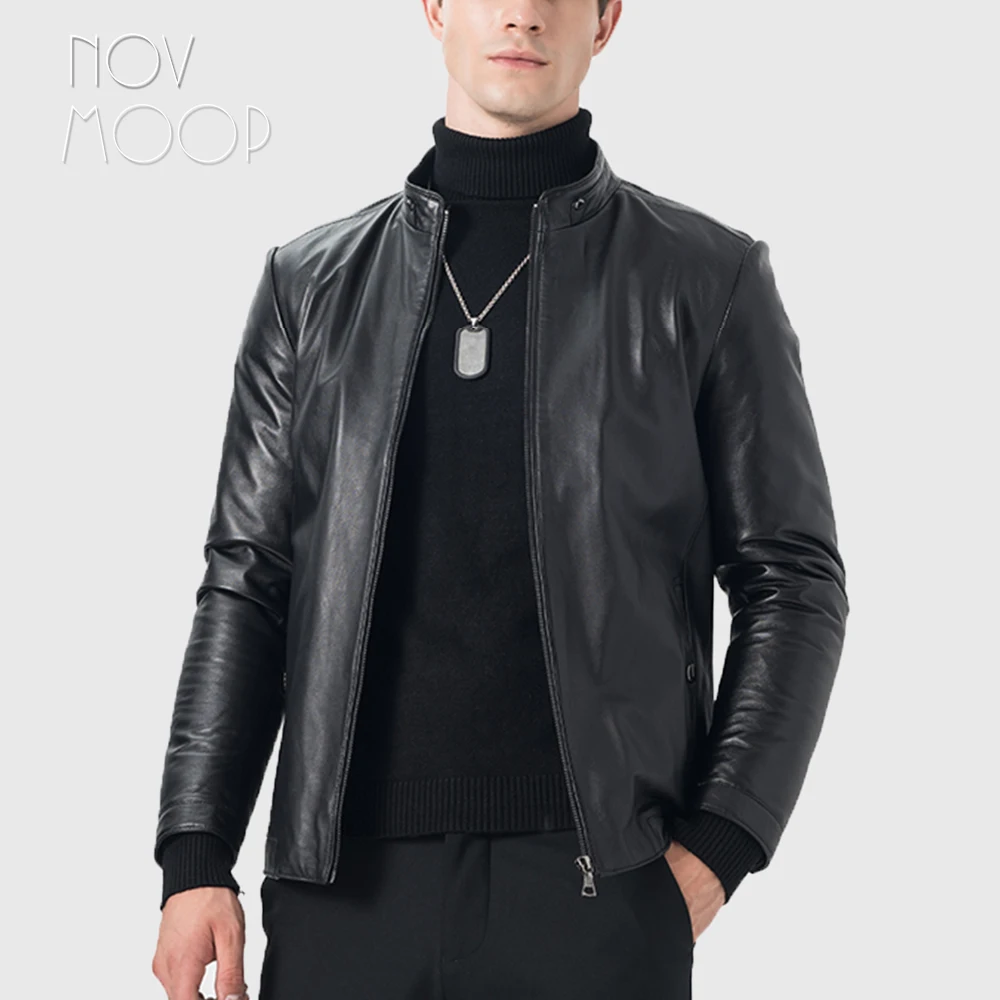 Men winter warm black genuine leather top grade lambskin duck down ...