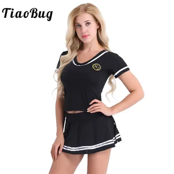 

Tiaobug 3Pcs Women Lingerie Cheerleader Outfit Sexy Cosplay Costumes Short Sleeve T-shirt Top with Mini Skirt and G-string Set