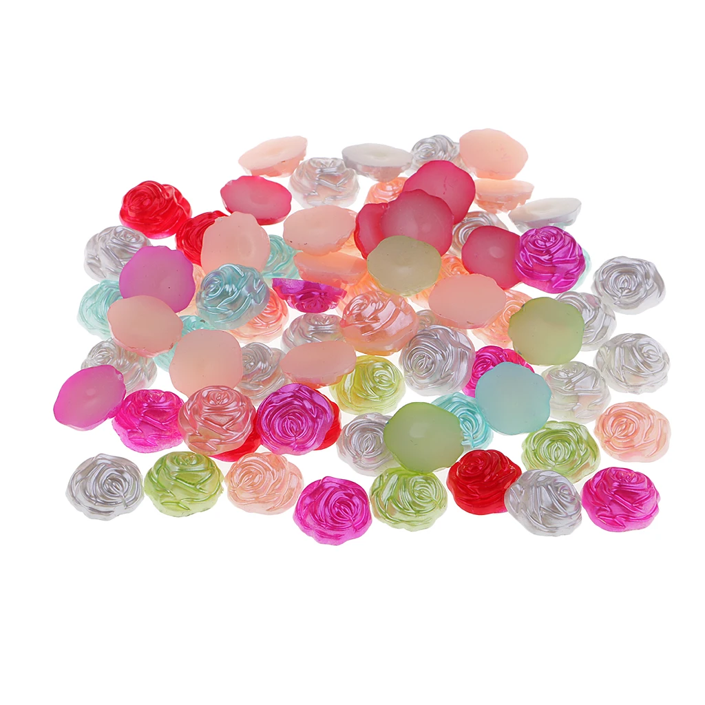 

100x ABS Pearl Rose Flower Resin Flatback Charms Embellishment for DIY Craft Wedding Card Making Phone Case Decoration 13mm