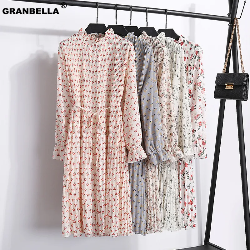 

2019 New Spring Print Dresses Summer Loose Chiffon Women Dress Casual High Waist Ruffles Flare Sleeve Dresses Female