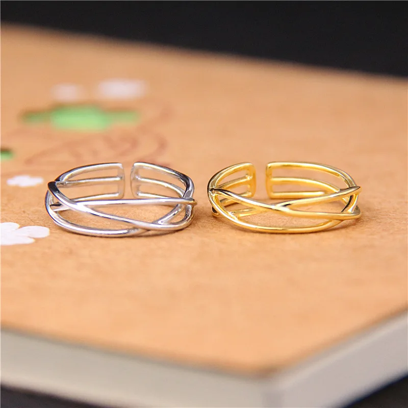 

Fengxiaoling Real 925 Sterling Silver Personalized Cross Lines Open Rings For Women Simple Hollow Weaving Silver 925 Rings