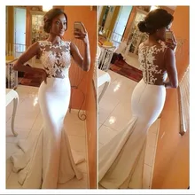 Custom Made 2014 Long Mermaid Dresses with Lace Appliques Sheer Evening Gown All White Dress Party Dress Long Fitted Prom Dress solid fitted dress with choker