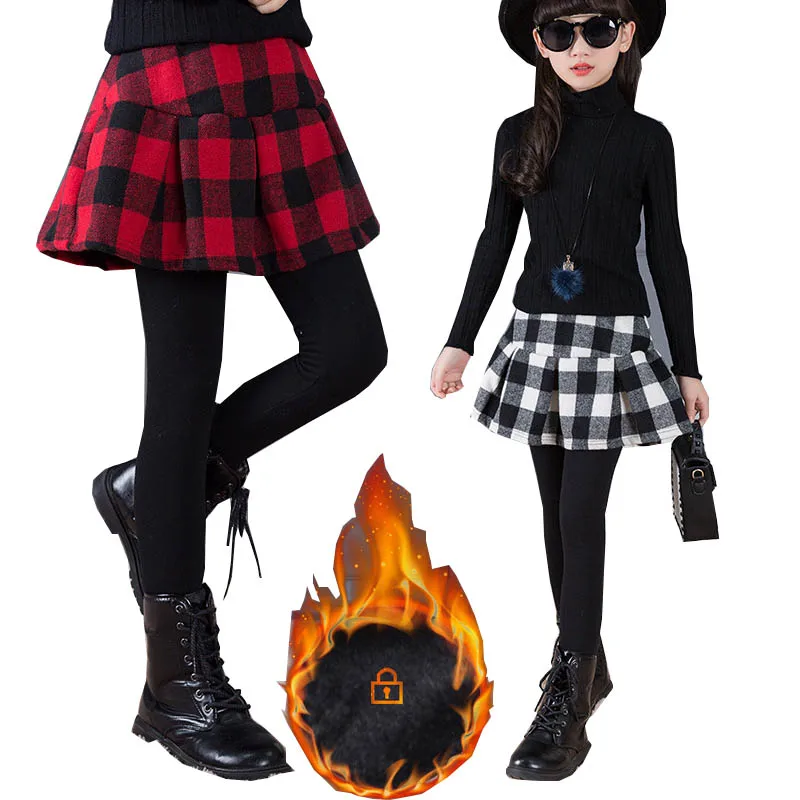 

Girls Winter Leggings Thick Warm Girls False Two Pieces SkirtPants Fleece Plaid Leggings Trousers Kids Pants Children Pantalon