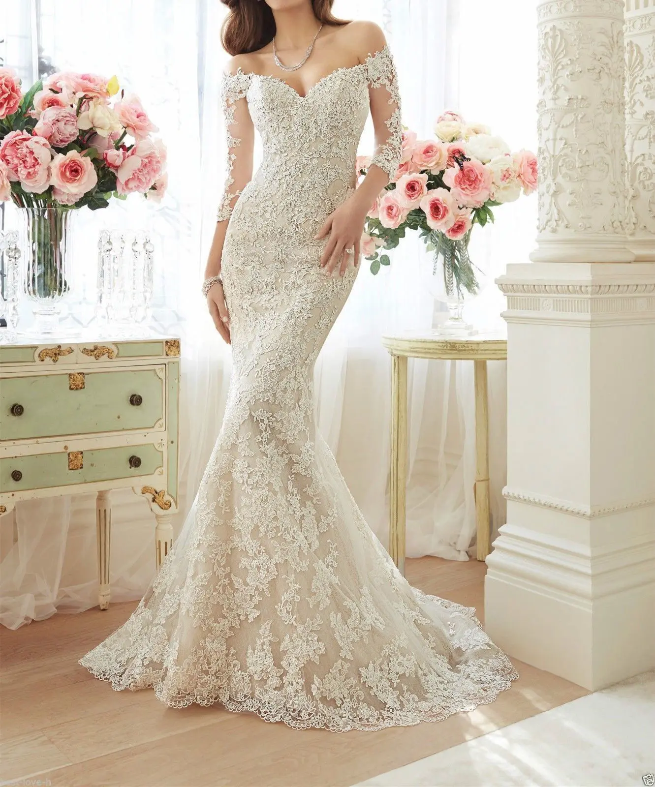 

Women's off shoulder luxury lace mermaid wedding dresses long sleeve wedding gown
