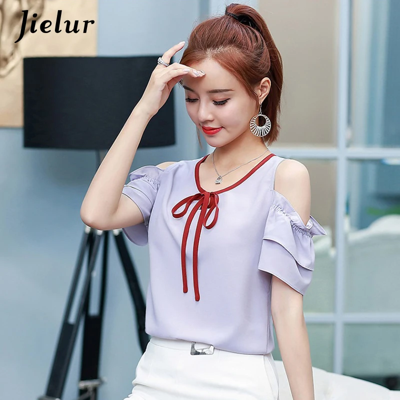 Jielur шифоновая женская блузка с открытыми плечами летняя коротким рукавом