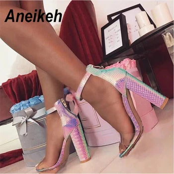 

Aneikeh 2019 Summer New Sexy Colorful Snake Pattern High Square Heels Fashion PU Transparent Round Head Open Toe Lady Sandals