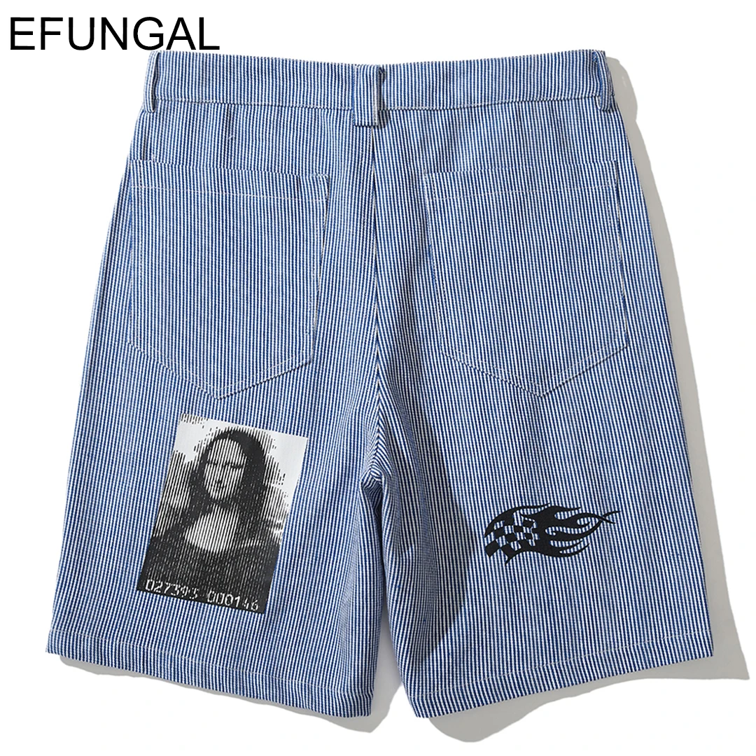 

EFUNGAL Mona Lisa Print Shorts Men Pinstripe Work Out Casual Streetwear Male 2019 Summer Button Waist Hip Hop Knne Length Jogger