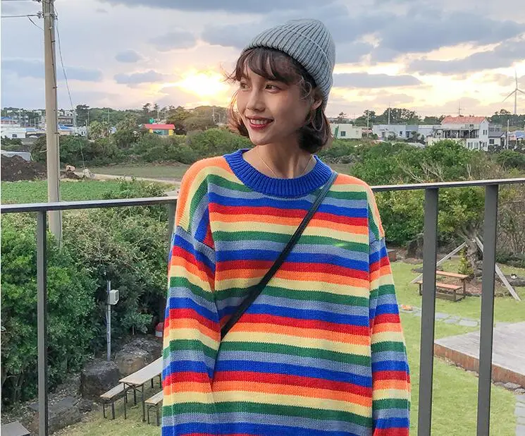 

Autumn and winter loose rainbow striped long-sleeved knit pullover sweater