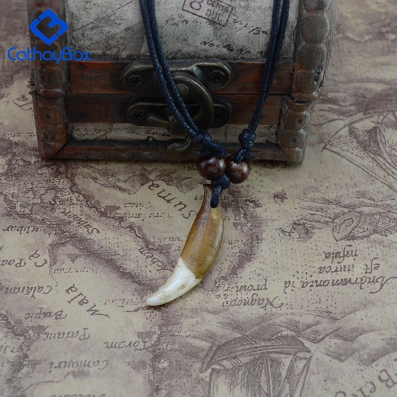 Men Tribal Wolf Tooth Charm Pendant Necklace Vintage Look Teeth Jewelry Adjustable Black Cord CB03B015