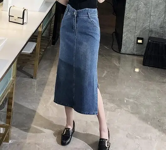 Новые модные джинсовые юбки, плюс размер, хлопковая смесь, прямые повседневные юбки, Женская Империя, до середины икры, весна-осень, для похудения, tyn0917