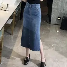 Новые модные джинсовые юбки, плюс размер, хлопковая смесь, прямые повседневные юбки, Женская Империя, до середины икры, весна-осень, для похудения, tyn0917