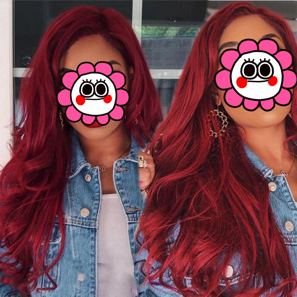 JUNSI 24inch Long Natural Wavy Wine Red Wig Heat Resistant Synthetic Cosplay Female Full Wig (6)