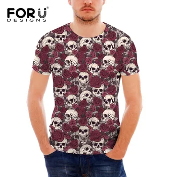 

FORUDESIGNS 2019 Men Custom Printed Tee Shirts Cotton O-Neck Short-Sleeve Shirts Roses N Skull Fashion Man T Shirt Punk Clothes