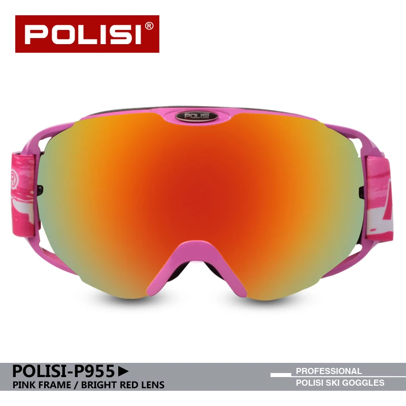 POLISI ski goggles women men adults for snowmobile snowboard Big spherical double lens anti-fog uv400 OTG windstopper P955