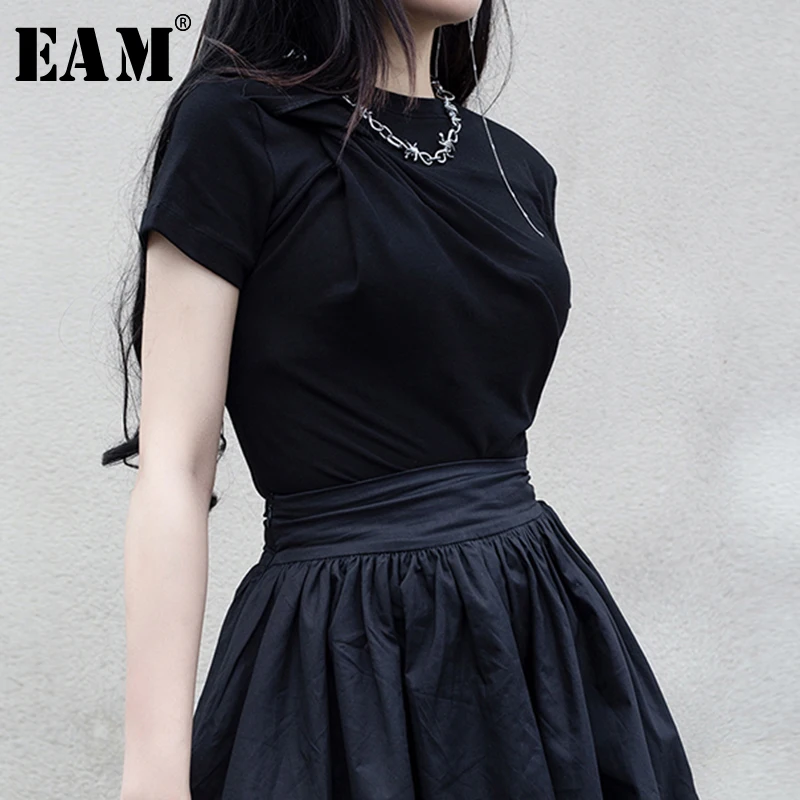 

[EAM] 2019 New Spring Summer Round Neck Short Sleeve Simple Temperament Knot Loose Short T-shirt Women Fashion Tide JX722