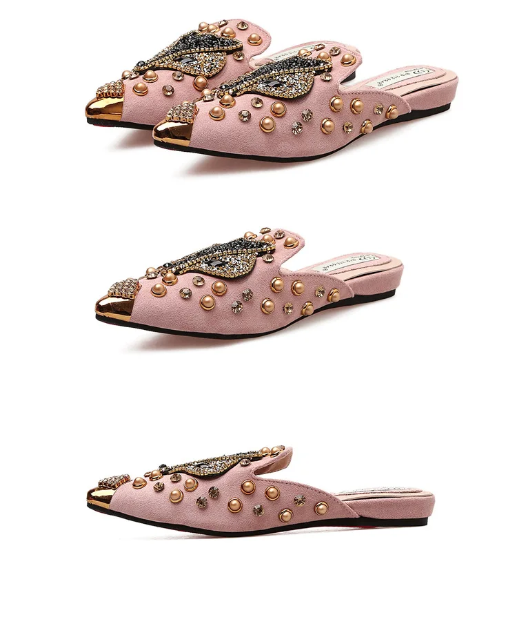 Koovan/женские шлёпанцы для женщин Лето г. Новая мода заклепки алмаз лиса острый носок без каблука женская обувь полу тапочки женщи