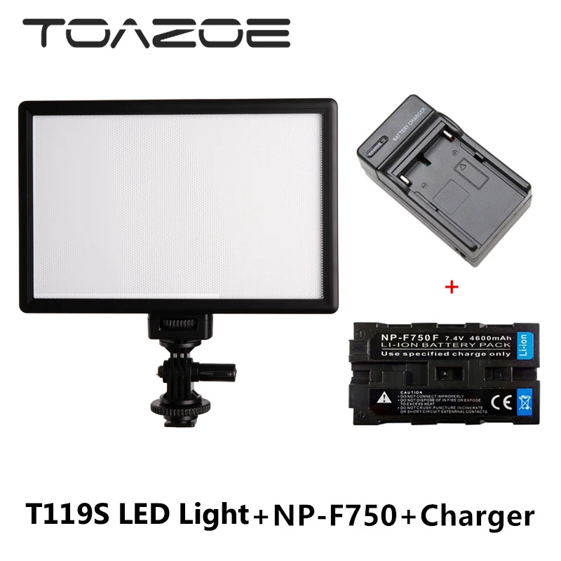 

TOAZOE T119S Ultra-thin Photography Fill Light 3300K-5600K CRI95+ LED Video Light with 4400mAh NP-F750 Battery with Charger set