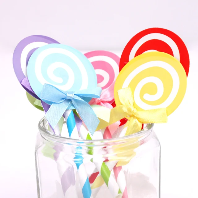 6Pcs/Lot Lovely Candy Color Lollipop Straw Striped Kids Birthday