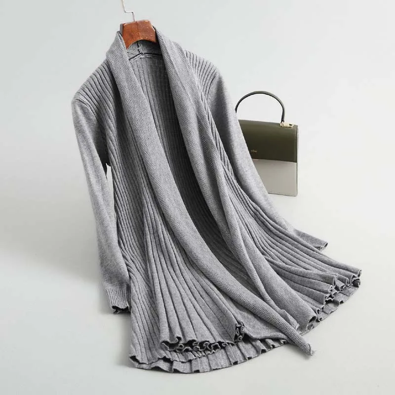 

New Women Solid Color middle-long Design Pleated Wool Blends Cardigan Casual Sweater Autumn Winter Knitting Coat outwear tops