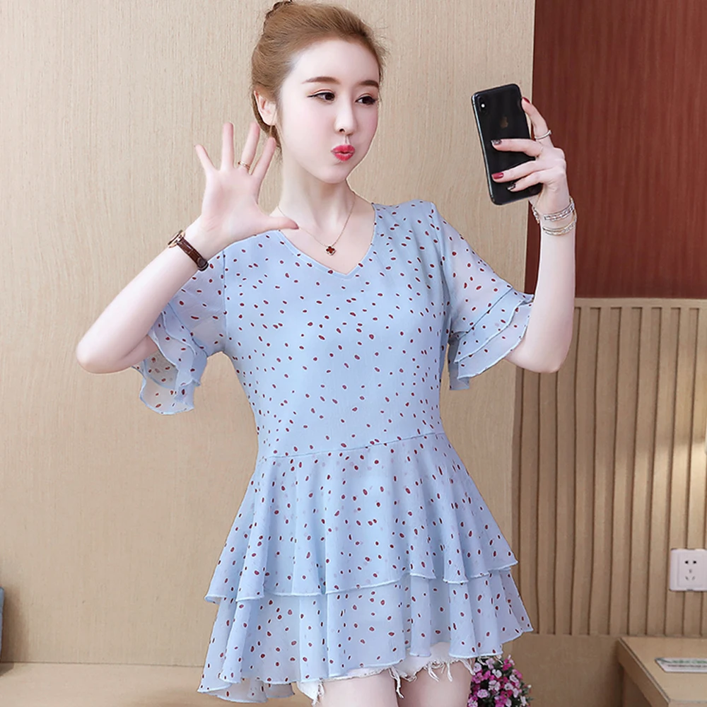 Spring and summer new style L-5XL large size chiffon short sleeve top Fashionable V-neck chiffon shirt