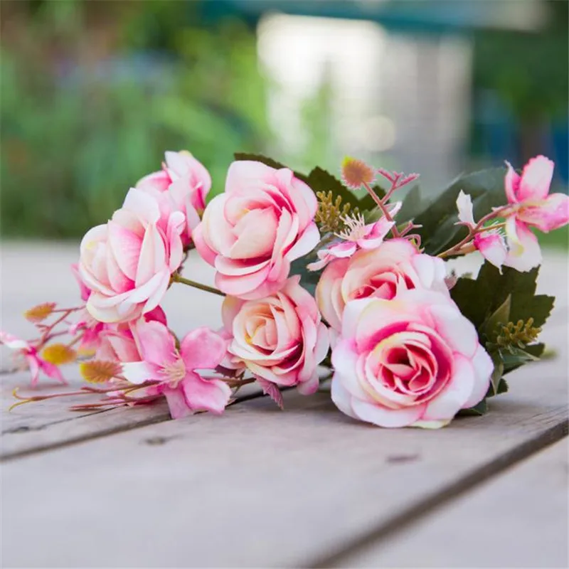 ARTIFICIAL SMALL ROSE BOUQUET BURGUNDY AND PINK 7 STEMS PER BUNCH