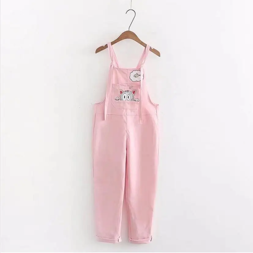 Japan Style Girl Cute Cartoon Cat Printing Embroidered Pink Overalls White Black Khaki Jumpsuits Female Summer Kwaii Overalls Japan Style Girl Cute Cartoon Cat Printing Embroidered Pink Overalls White Black Khaki Jumpsuits Female Summer Kwaii Overalls