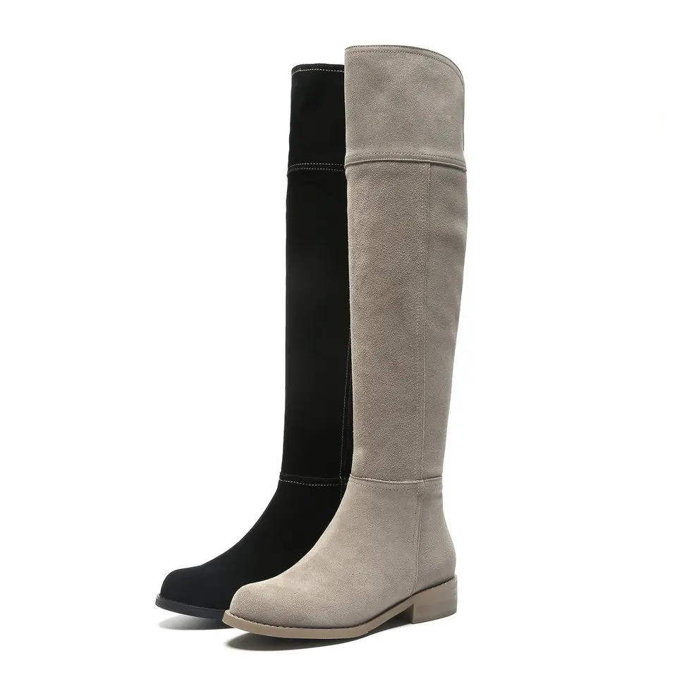 EshtonShero/осенне-зимняя обувь женские сапоги до колена женские сапоги для верховой езды из коровьей замши на низком каблуке, с круглым носком, на молнии, черного цвета размеры 34-40