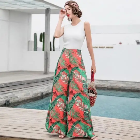 

New Floral Print Wide Leg Pants Women Long Pant 2019 Summer Boho Retro Holiday Beach Pants High Waist Chiffon Trousers AE16