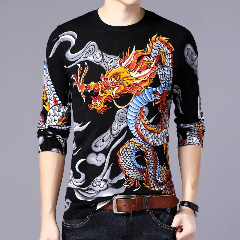 Новинка, свитер с принтом дракона, мужской модный пуловер Erkek Kazak Sueter Hombre, приталенный Мужской пуловер, Мужская одежда, Chompas Hombre