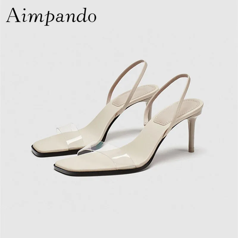 

New Summer Chic Square Toe Gladiator Sandals Women Back Strap Thin Heels PVC Transparent Sandalias
