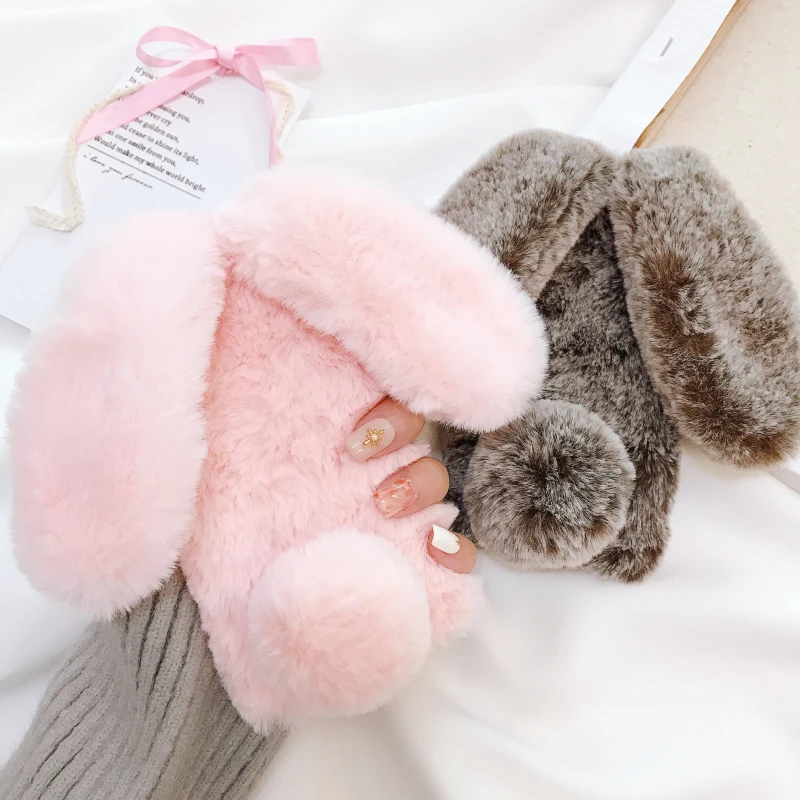 

Rabbit Bunny Toy Case For Huawei Honor 7 8 9 Lite 5A 6A 7A 6X 7I V8 V9 Play 10 Lite Rhinestone Artificial Cony Hair TPU Cover