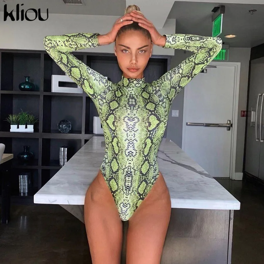 

Kliou women sexy Serpentine turtleneck bodysuit 2019 summer full sleeve Snake skin print rompers female full sleeve playsuit