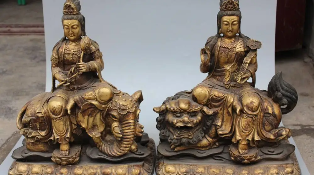 

15" Bronze Wenshu Puxian Kwan-yin On Lion Elephant Ruyi Lotus Pair Buddha Statue