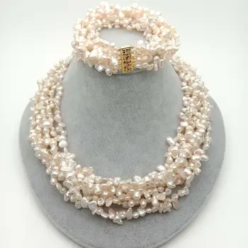 

7 Rows Cultured White Keshi Pearl Multi Strands Pearl Necklace Bracelet Set