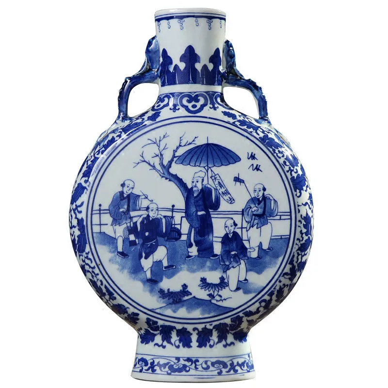 CHINESE OLD BLUE AND WHITE FIGURE STORY PATTERN PORCELAIN JAR TANK 