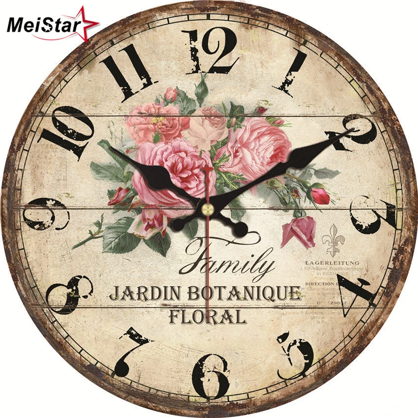 

MEISTAR Vintage Clock Flower Design Silent Living Kitchen Home Decor Watches Retro Large Art Wall Clocks 4 Size horloge murale
