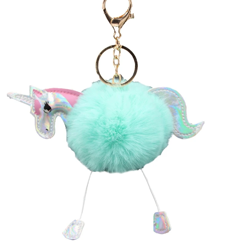 

High Quality Anime Horse Toy Cute Metal Unicorn KeyChain Plush Toy Pendant Women Fluffy Fur Pom Pom Keyring Bag Hang Plush Toy