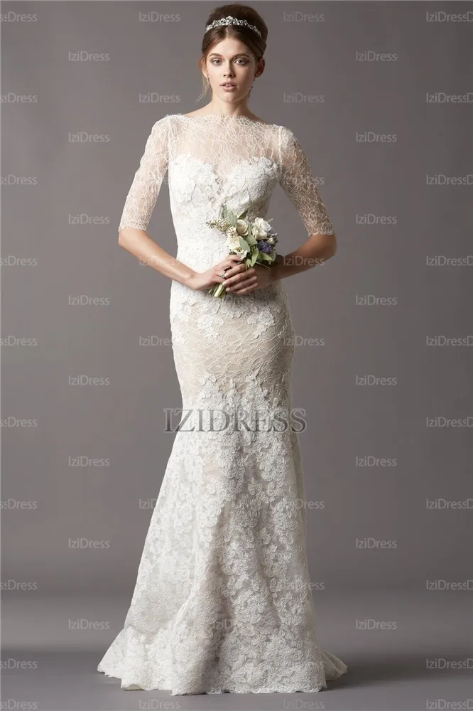 Trumpet/Mermaid Bateau Sweep/Brush Train Lace Wedding Dress Designer #IZIWD5150 | Свадьбы и торжества