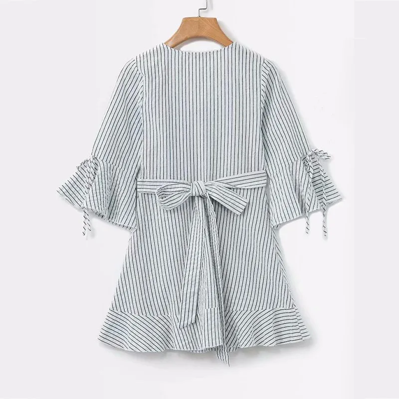 yinlinhe Striped Summer Dress Short Sleeve 2018 White Wrap Dress Women V neck Bowknot Slim Waist Elegant Ruffles Vestidos 7