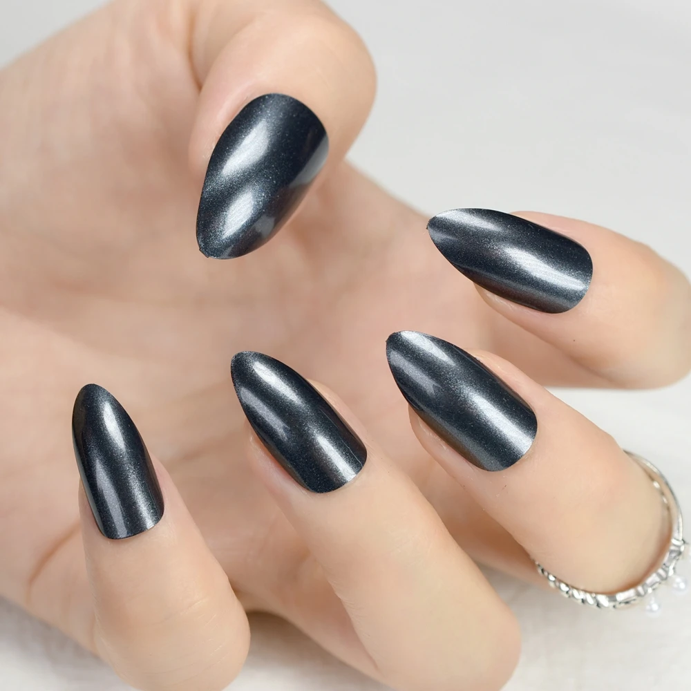 Блестящие классические черные стилеты для дизайна ногтей, блестящее украшение, средний полный острый Искусственный лак для ногтей с клеем, стикер Z761
