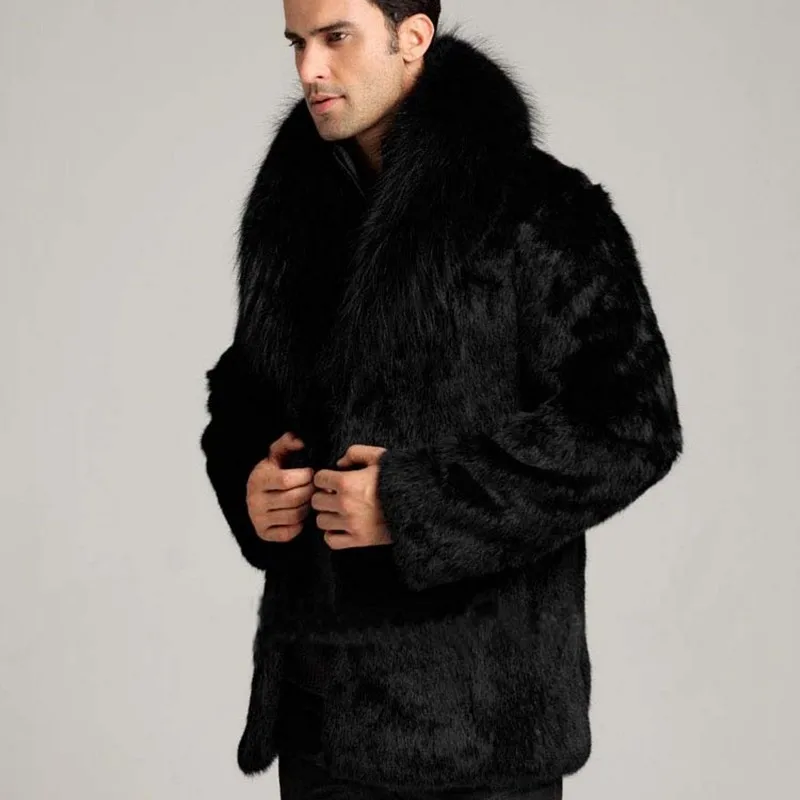 Italy Designer Mens Business Work Winter Faux Fox Fur Coats Office Thick Warm Parka Fox Fur Collar Overcoats Loose Black Jackets