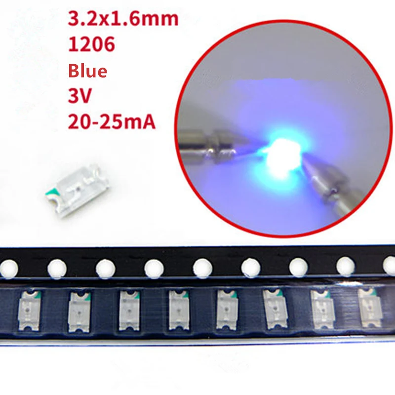 100 шт. 1206 SMD светодиодный диодный комплект супер яркий красный/зеленый/синий/желтый/белый светодиодный светильник - Испускаемый цвет: 100Pcs Blue