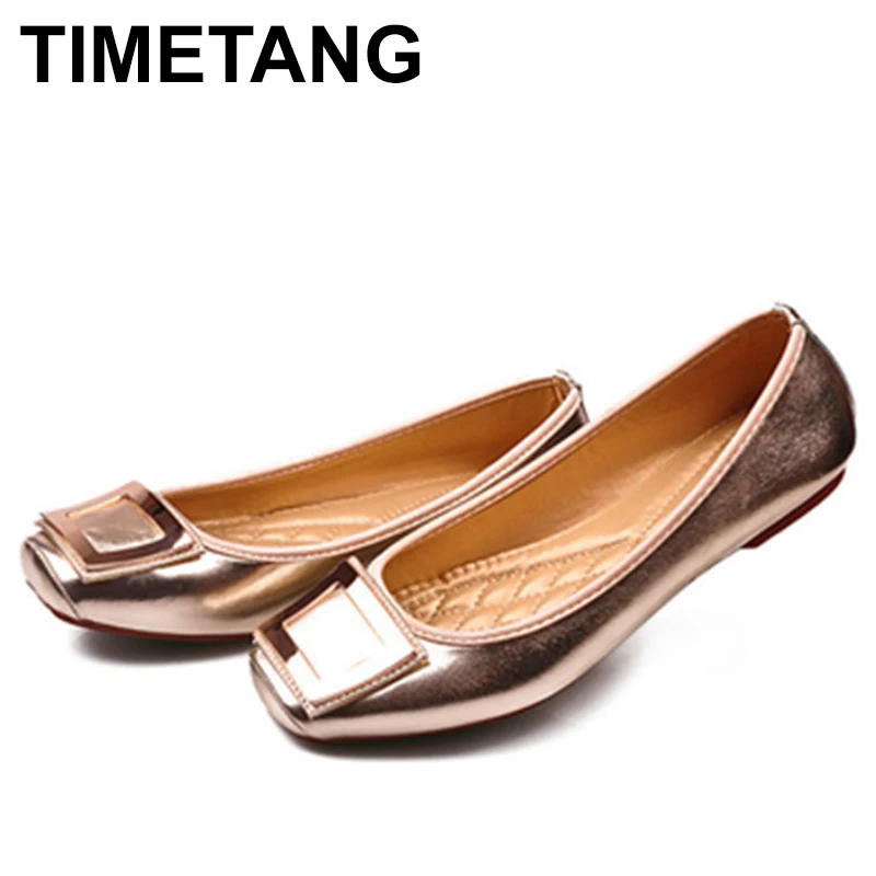 

TIMETANG Gold Black Metal Summer Female Footwear Large Sizes 35-41 Square Toe Fashion Women's Flat Shoes Leisure Ballerinas C130