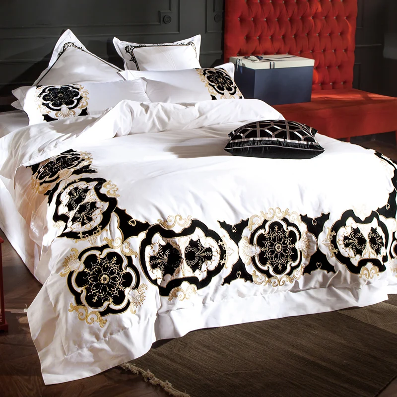 Hot Price 120s Silk Cotton White Embroidery Black Luxury Bedding