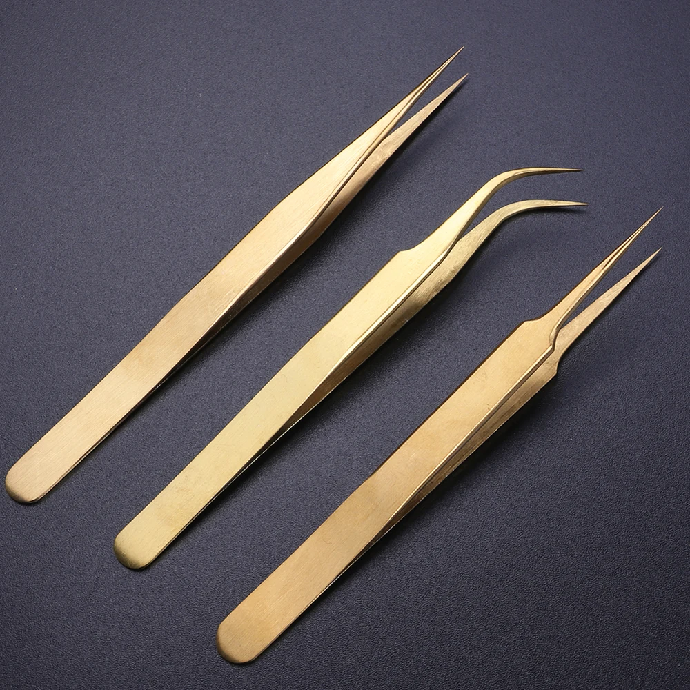 

3pcs Stainless Steel Gold Pure Metal Eyelash Tweezers Anti-Static Eyelash Extension Precision Jewelry Picker Nail Tools JI774-1