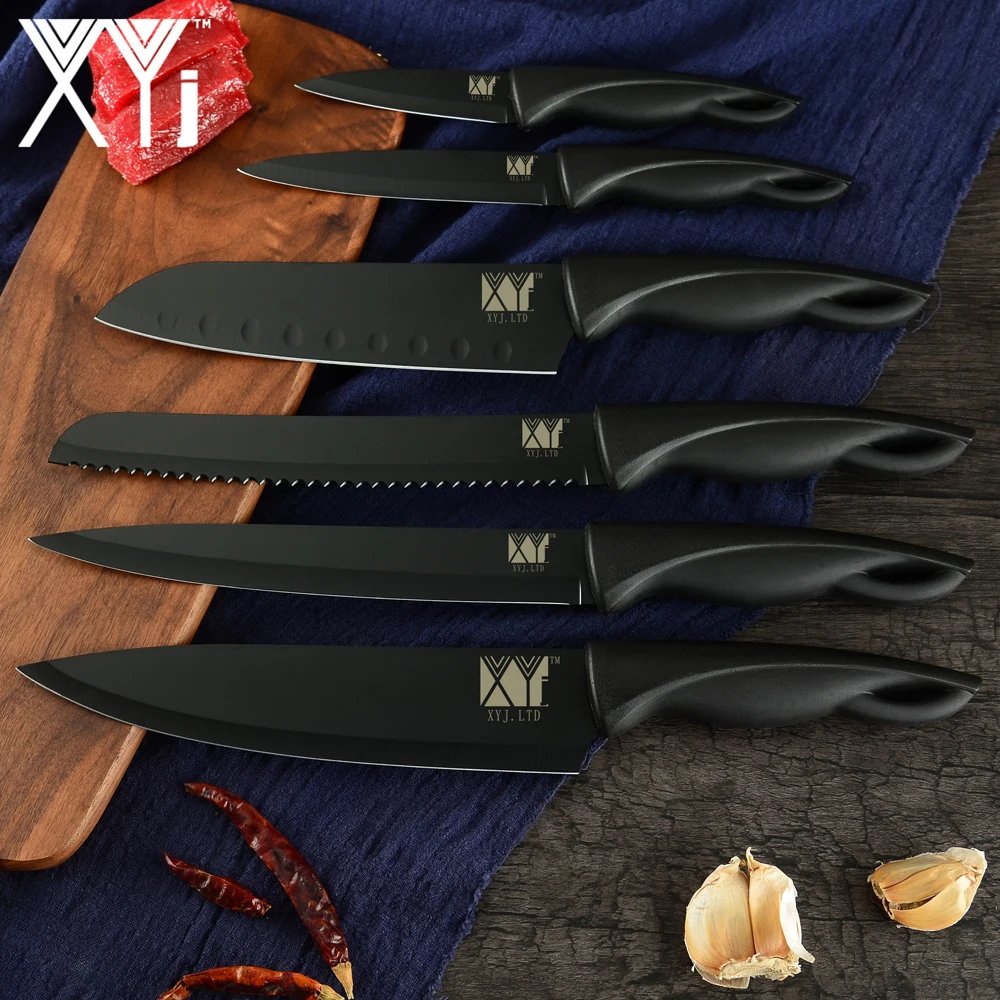 XYj кухонный нож с крышкой ножи из нержавеющей стали японский шеф-повар Santoku Кливер нож для мяса черное лезвие для приготовления пищи резак