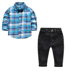 Комплекты одежды из 2 предметов для маленьких мальчиков, хлопковая рубашка с длинными рукавами фиолетового и синего цвета в клетку + джинсы